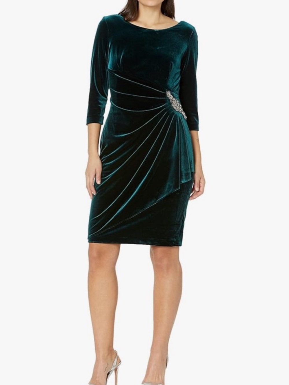 Alex Evenings | Emerald Velvet Ruched Sheath Dress with Side Brooch